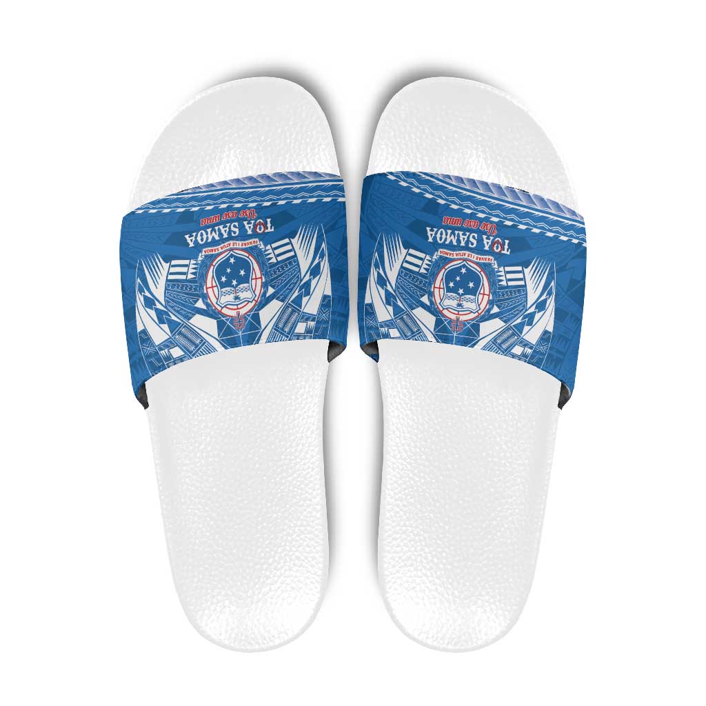 Toa Samoa Rugby Custom Slide Sandals Uso aso uma Samoan Pattern Blue - Polynesian Pride