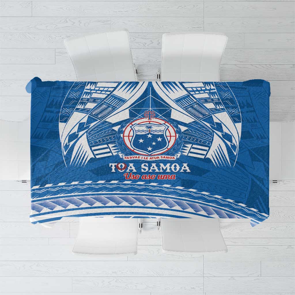 Toa Samoa Rugby Custom Tablecloth Uso aso uma Samoan Pattern Blue - Polynesian Pride