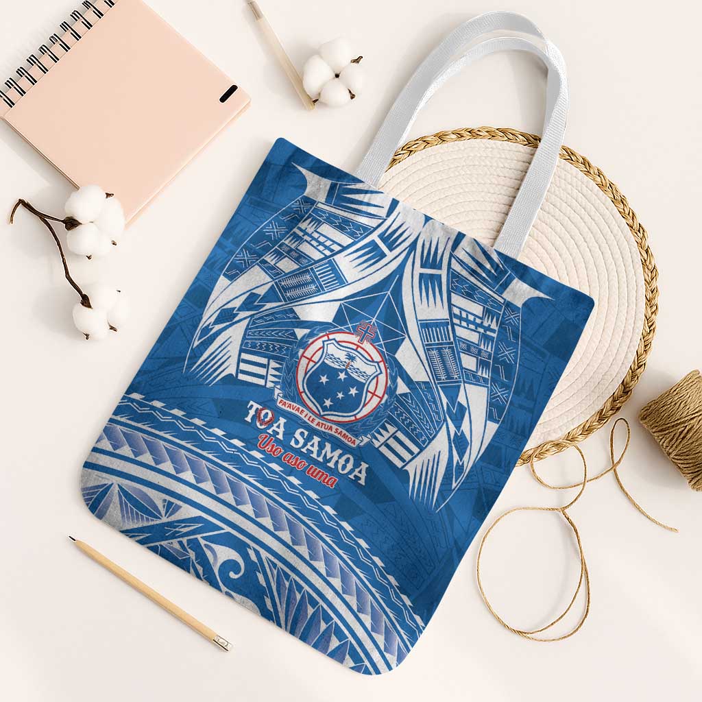 Toa Samoa Rugby Custom Tote Bag Uso aso uma Samoan Pattern Blue - Polynesian Pride