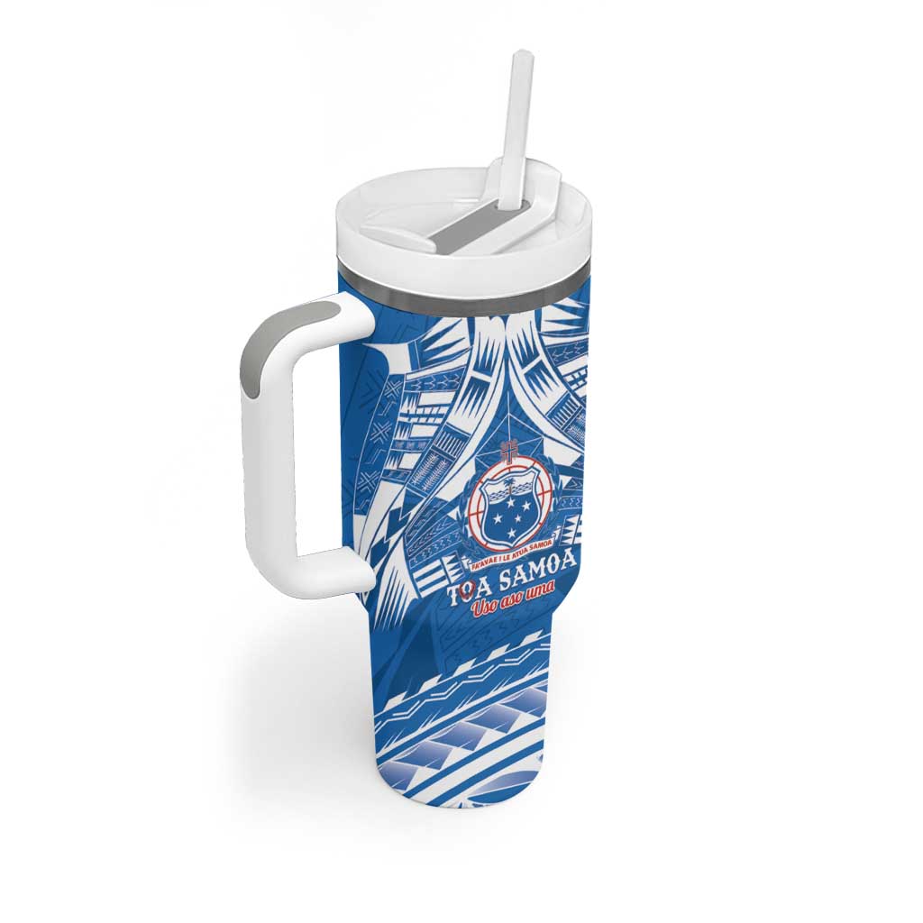 Toa Samoa Rugby Custom Tumbler With Handle Uso aso uma Samoan Pattern Blue - Polynesian Pride