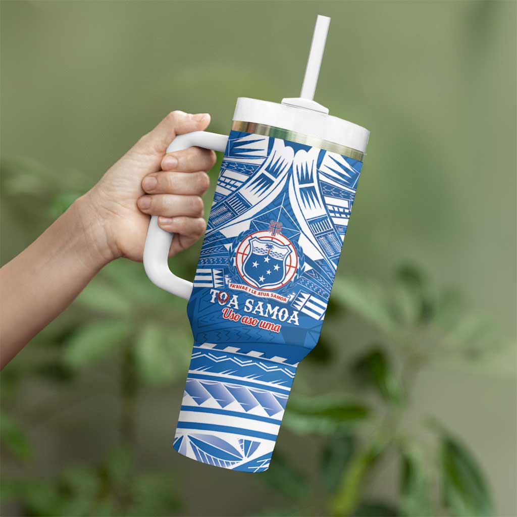 Toa Samoa Rugby Custom Tumbler With Handle Uso aso uma Samoan Pattern Blue - Polynesian Pride