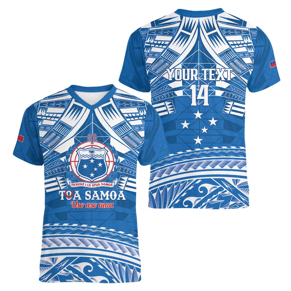 Toa Samoa Rugby Custom Women V-Neck T-Shirt Uso aso uma Samoan Pattern Blue - Polynesian Pride