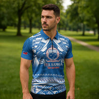 Toa Samoa Rugby Custom Zipper Polo Shirt Uso aso uma Samoan Pattern Blue - Polynesian Pride