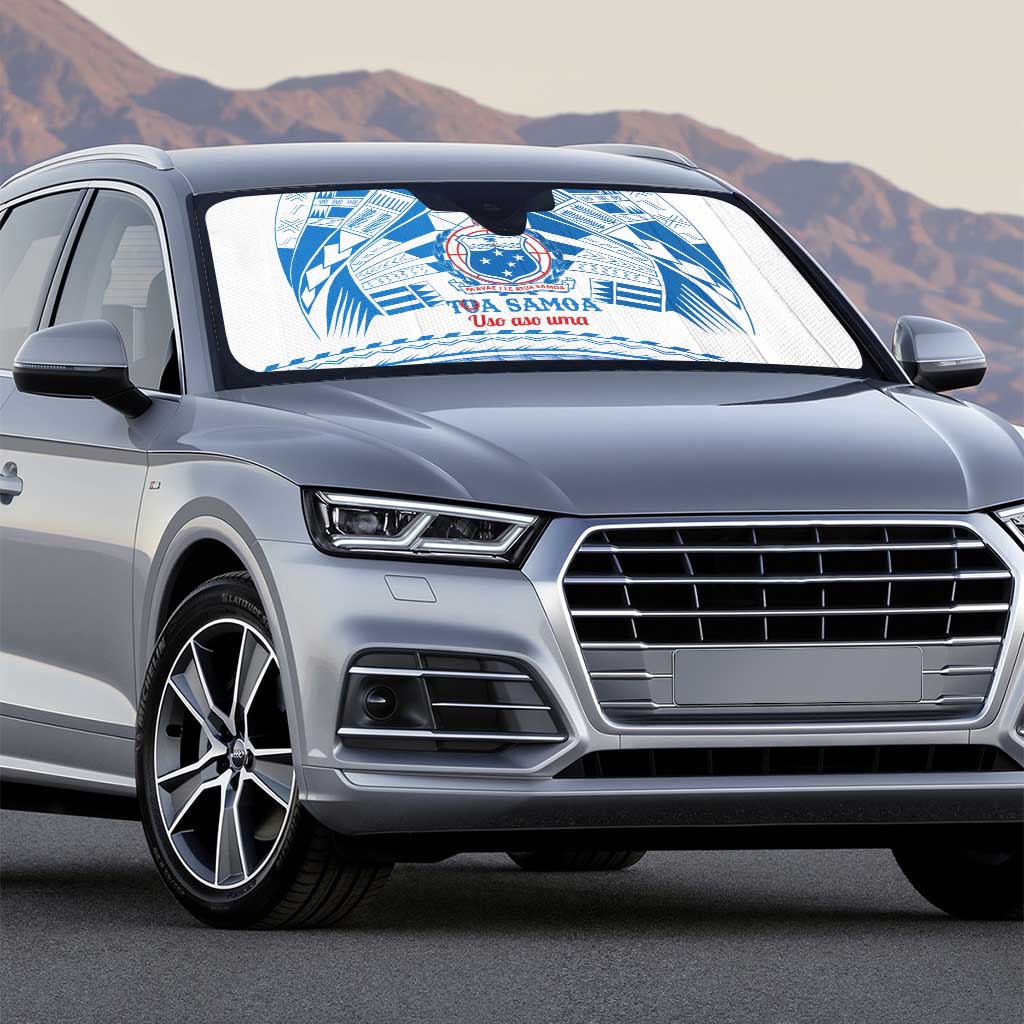 Toa Samoa Rugby Custom Auto Sun Shade Uso aso uma Samoan Pattern White - Polynesian Pride