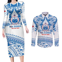 Toa Samoa Rugby Custom Couples Matching Long Sleeve Bodycon Dress and Long Sleeve Button Shirt Uso aso uma Samoan Pattern White - Polynesian Pride