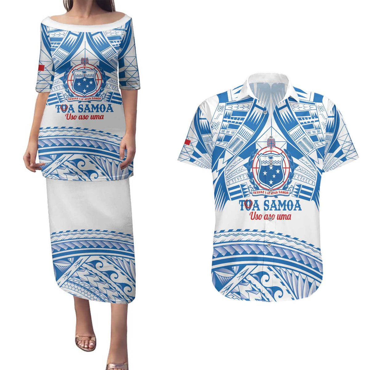 Toa Samoa Rugby Custom Couples Matching Puletasi and Hawaiian Shirt Uso aso uma Samoan Pattern White - Polynesian Pride