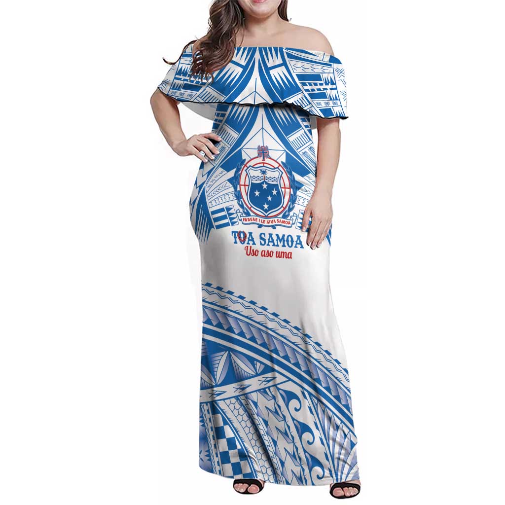 Toa Samoa Rugby Custom Family Matching Off Shoulder Maxi Dress and Hawaiian Shirt Uso aso uma Samoan Pattern White - Polynesian Pride