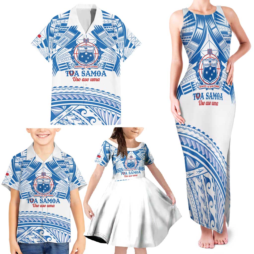 Toa Samoa Rugby Custom Family Matching Tank Maxi Dress and Hawaiian Shirt Uso aso uma Samoan Pattern White - Polynesian Pride