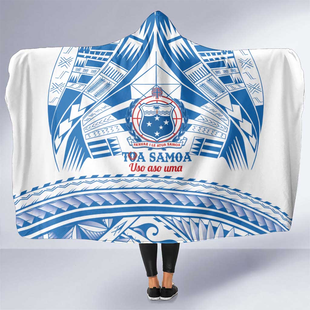 Toa Samoa Rugby Custom Hooded Blanket Uso aso uma Samoan Pattern White - Polynesian Pride