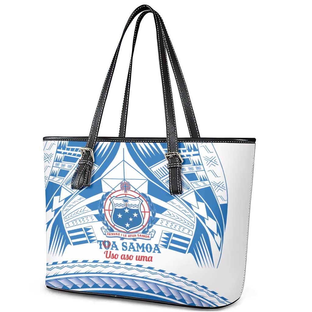 Toa Samoa Rugby Custom Leather Tote Bag Uso aso uma Samoan Pattern White - Polynesian Pride