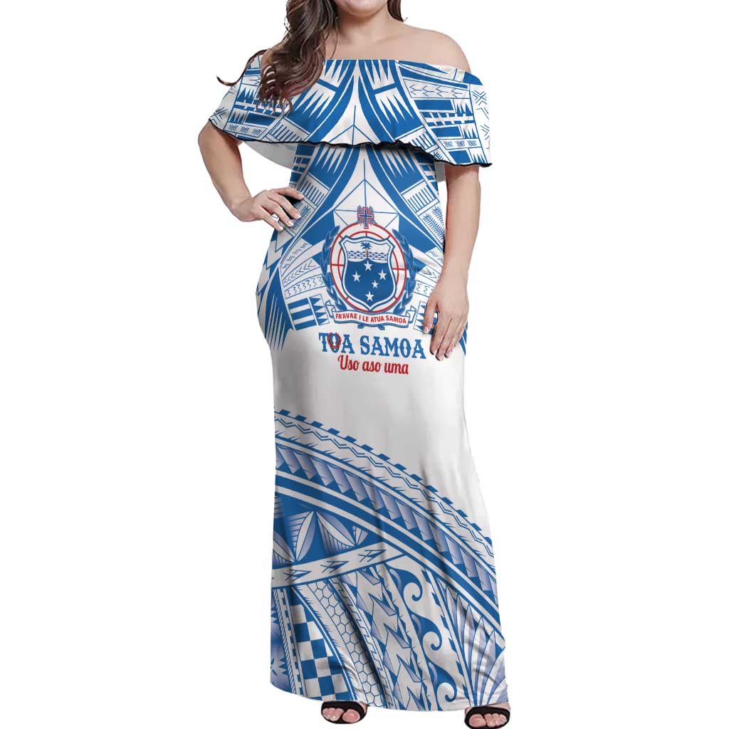 Toa Samoa Rugby Custom Off Shoulder Maxi Dress Uso aso uma Samoan Pattern White - Polynesian Pride