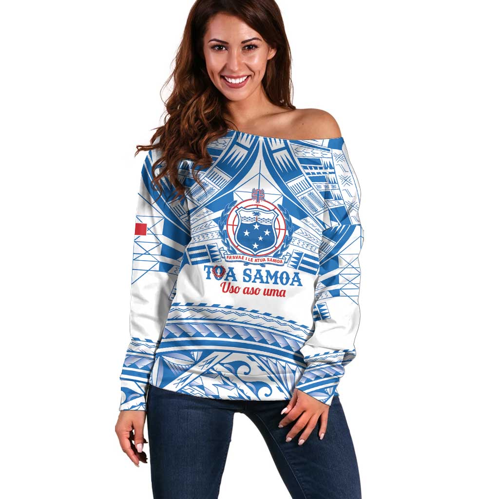 Toa Samoa Rugby Custom Off Shoulder Sweater Uso aso uma Samoan Pattern White - Polynesian Pride