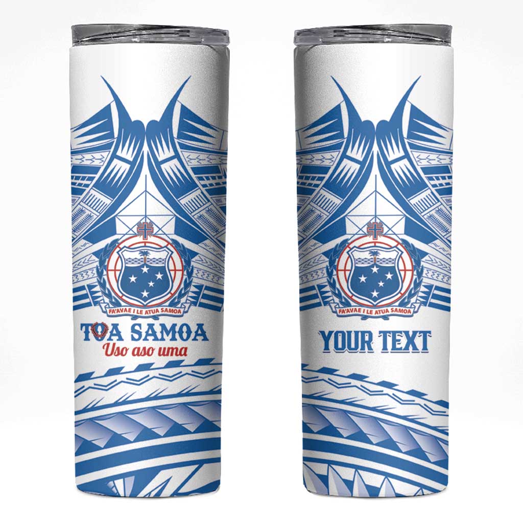 Toa Samoa Rugby Custom Skinny Tumbler Uso aso uma Samoan Pattern White - Polynesian Pride