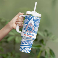 Toa Samoa Rugby Custom Tumbler With Handle Uso aso uma Samoan Pattern White - Polynesian Pride