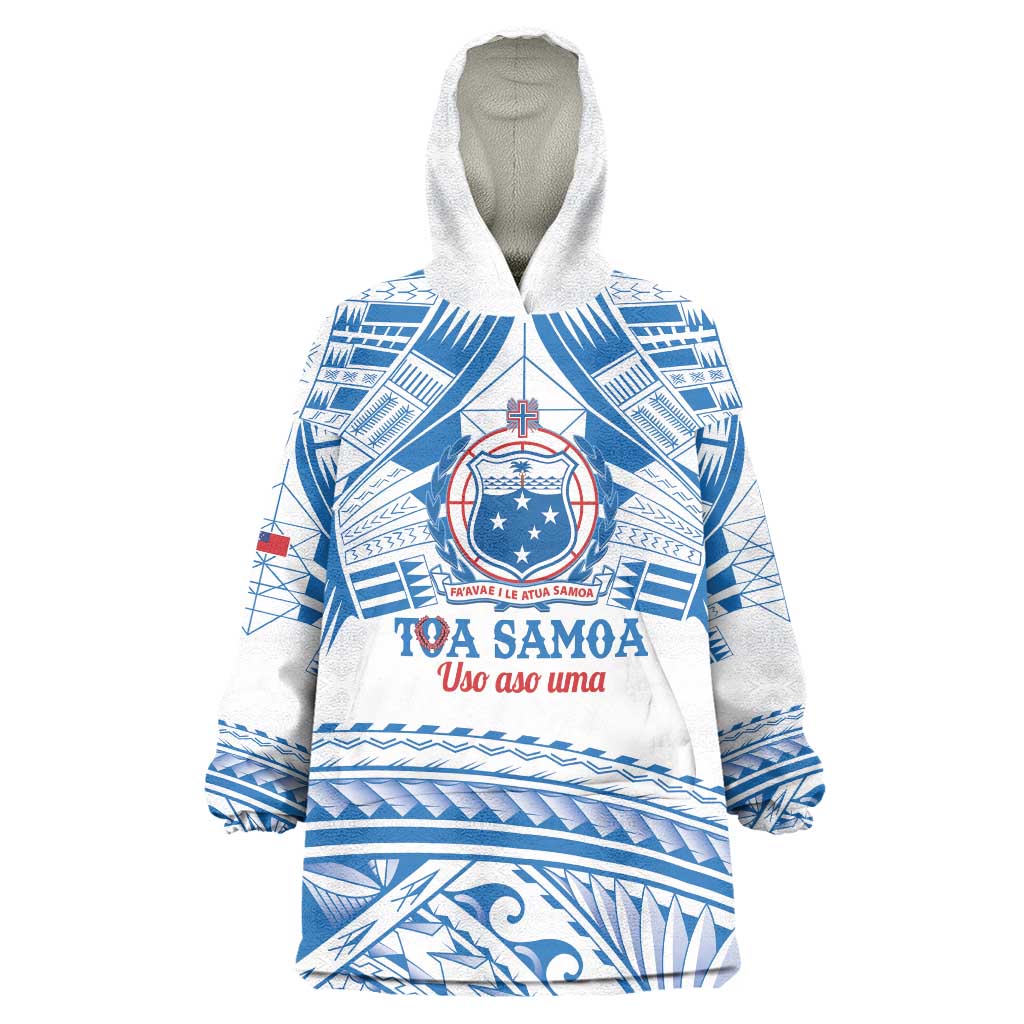Toa Samoa Rugby Custom Wearable Blanket Hoodie Uso aso uma Samoan Pattern White - Polynesian Pride