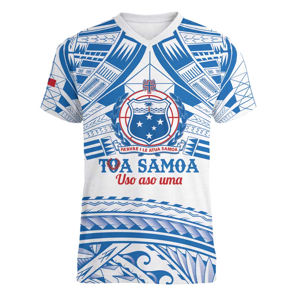 Toa Samoa Rugby Custom Women V-Neck T-Shirt Uso aso uma Samoan Pattern White - Polynesian Pride