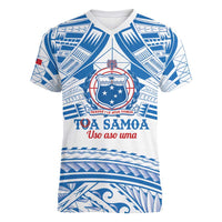 Toa Samoa Rugby Custom Women V-Neck T-Shirt Uso aso uma Samoan Pattern White - Polynesian Pride