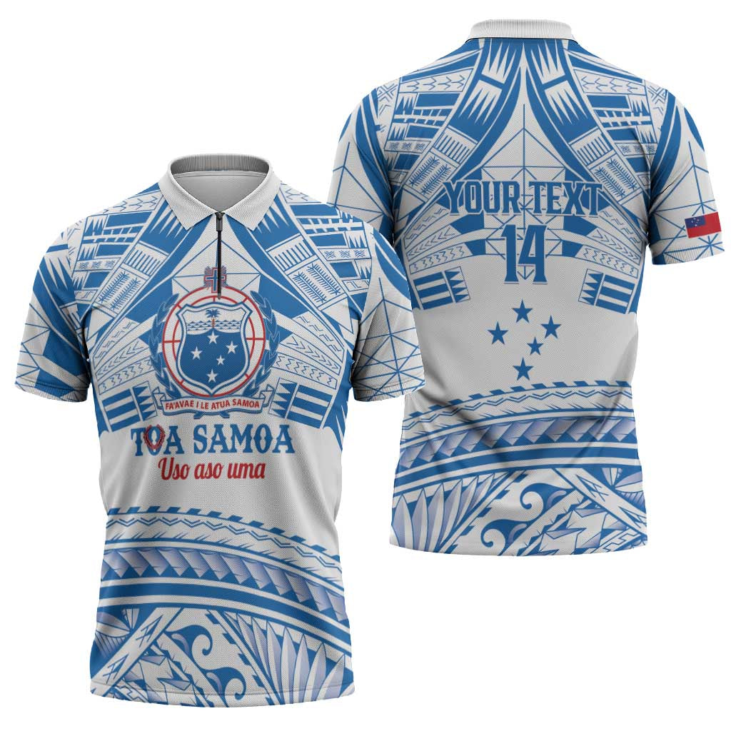 Toa Samoa Rugby Custom Zipper Polo Shirt Uso aso uma Samoan Pattern White - Polynesian Pride