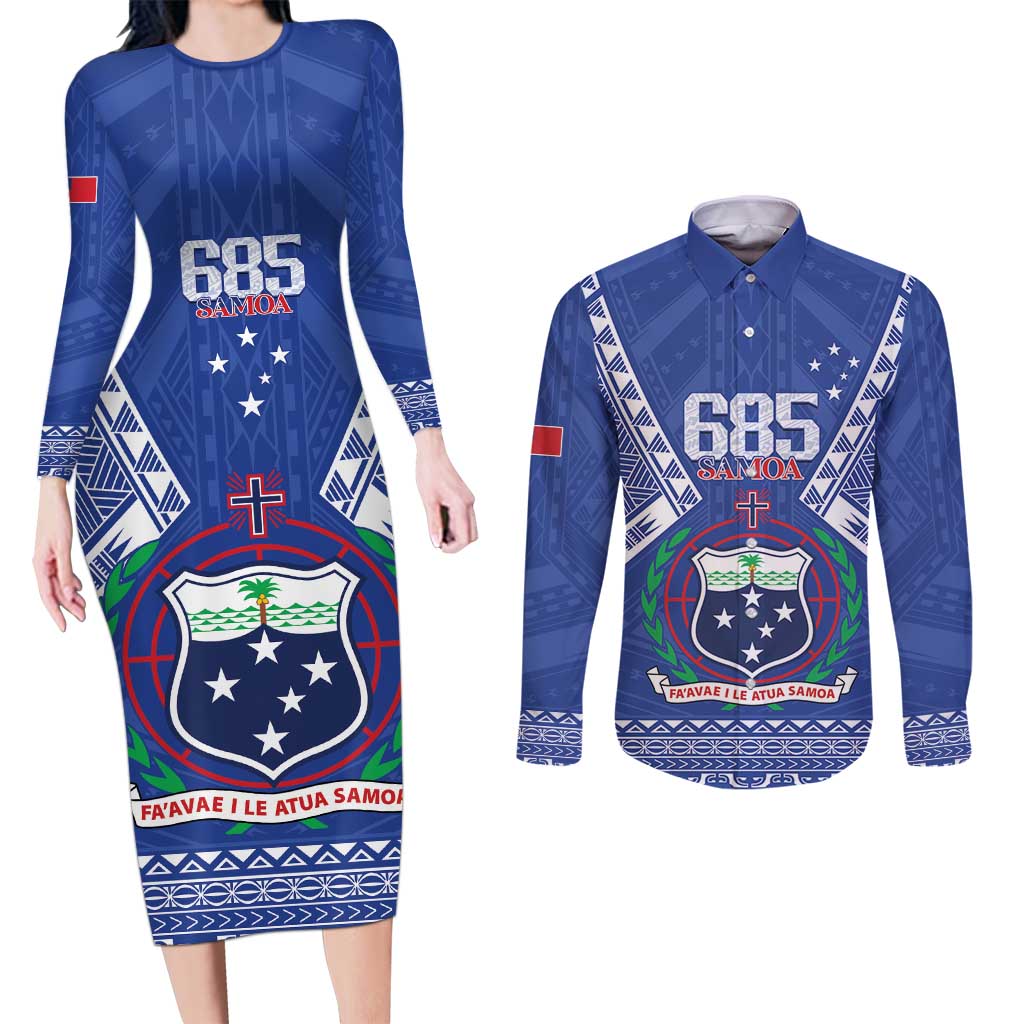 Personalised Samoa 685 Couples Matching Long Sleeve Bodycon Dress and Long Sleeve Button Shirt Samoan Pride Coat Of Arms - Polynesian Pride