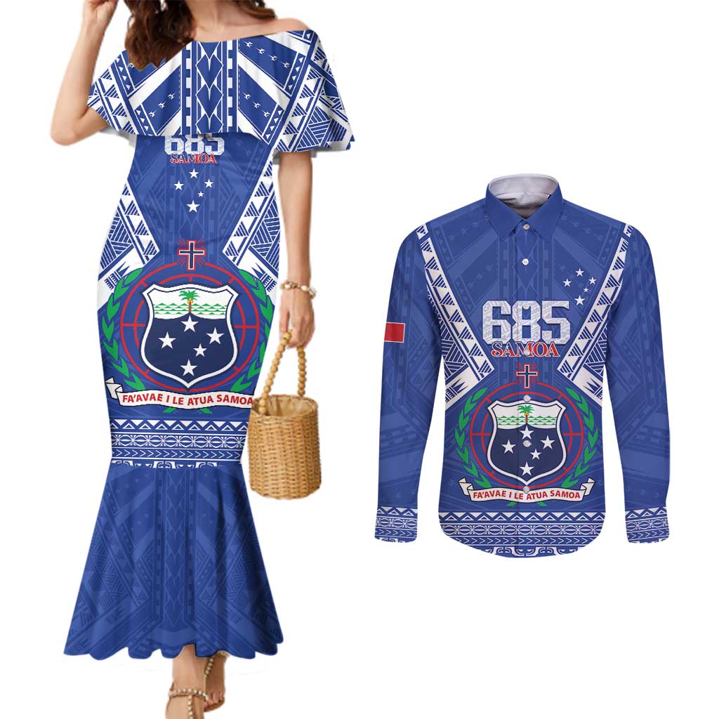 Personalised Samoa 685 Couples Matching Mermaid Dress and Long Sleeve Button Shirt Samoan Pride Coat Of Arms - Polynesian Pride