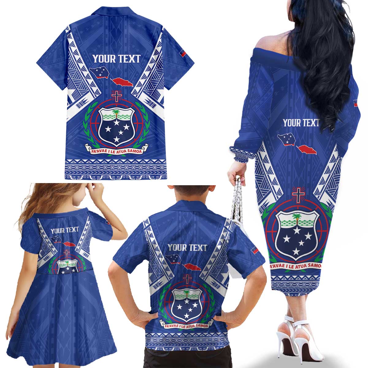 Personalised Samoa 685 Family Matching Off The Shoulder Long Sleeve Dress and Hawaiian Shirt Samoan Pride Coat Of Arms - Polynesian Pride