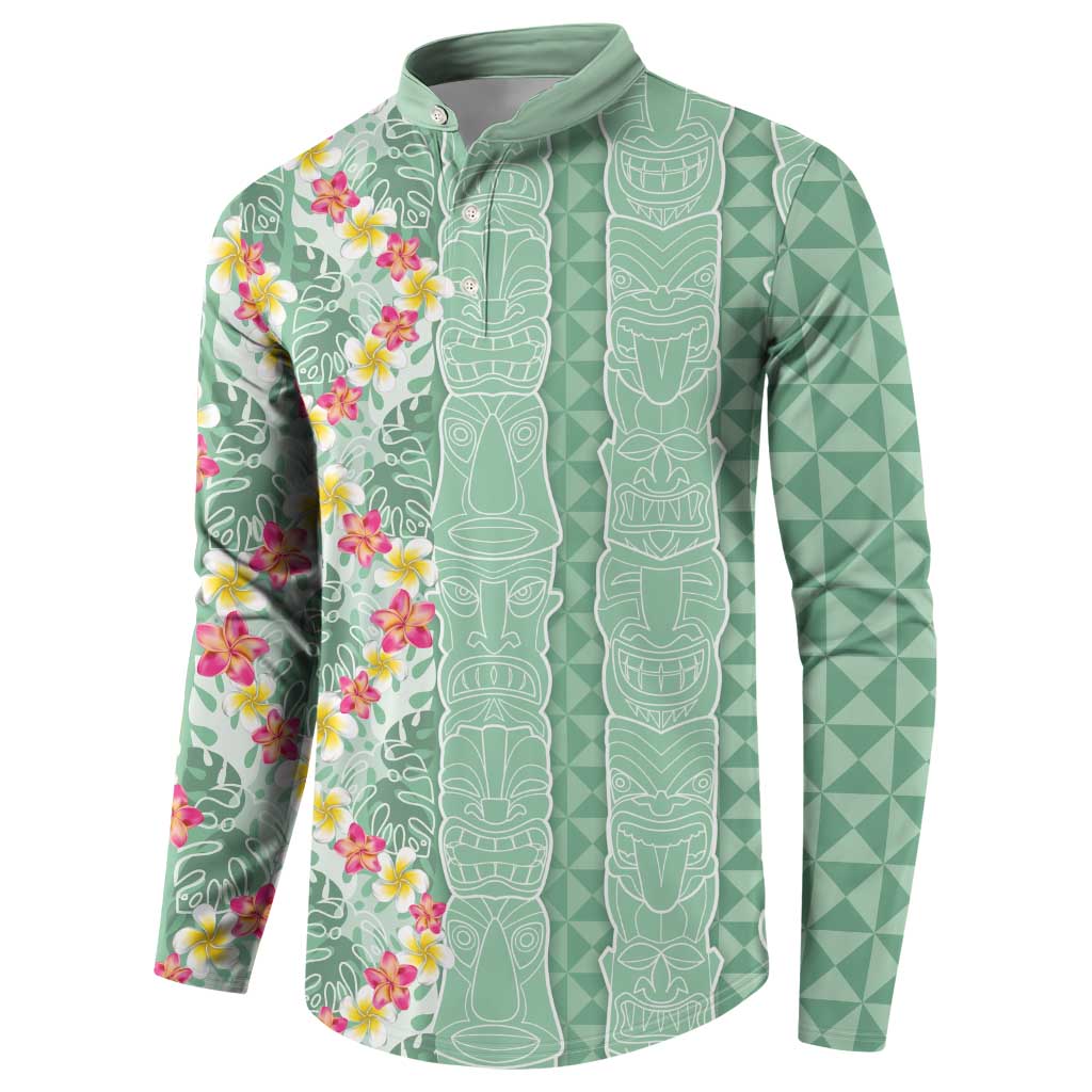 Menthol Green Aloha Hawaii Tiki Button Sweatshirt Tropical Plumeria - Seamless Style