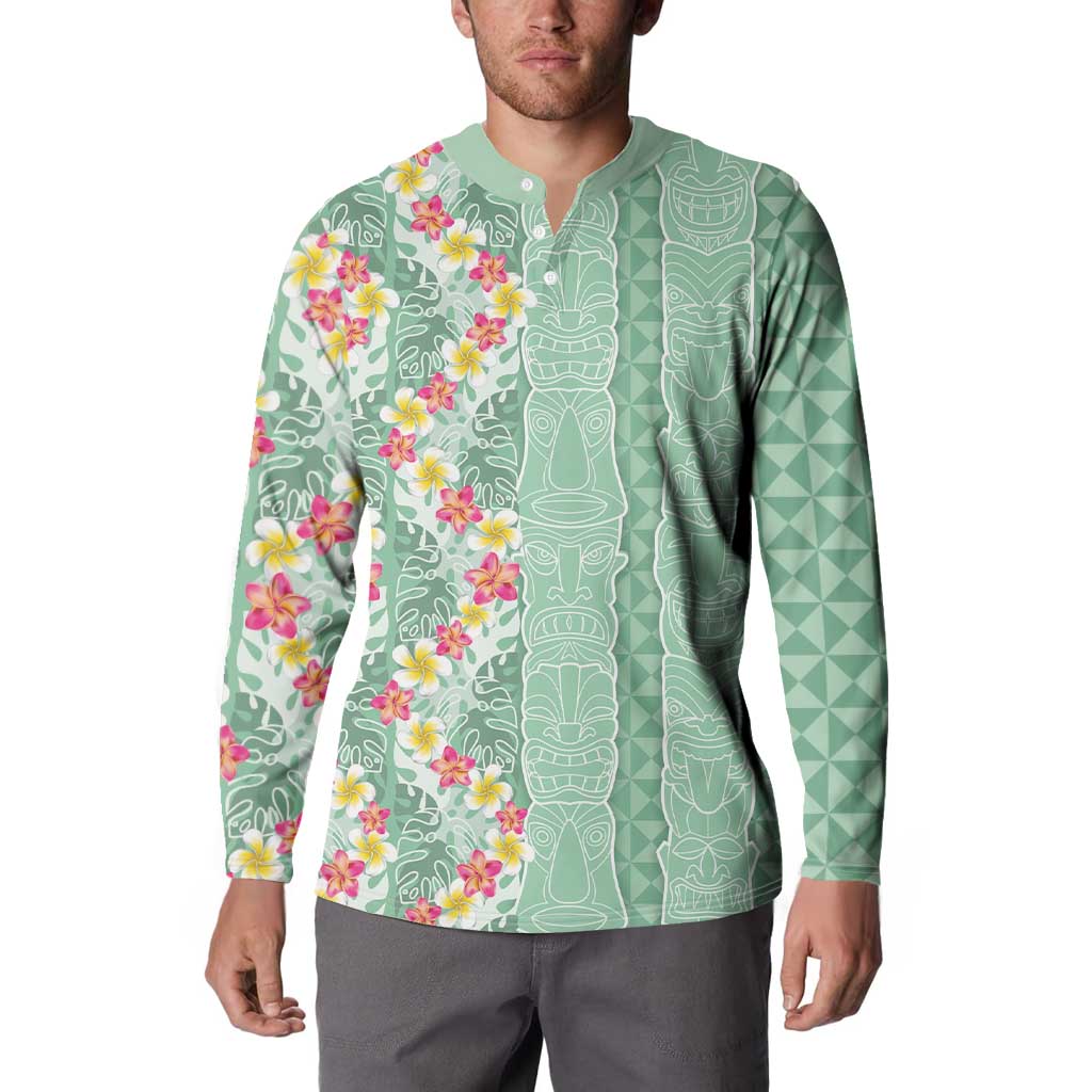 Menthol Green Aloha Hawaii Tiki Button Sweatshirt Tropical Plumeria - Seamless Style