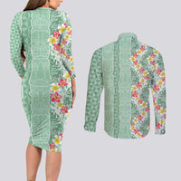 Menthol Green Aloha Hawaii Tiki Couples Matching Long Sleeve Bodycon Dress and Long Sleeve Button Shirt Tropical Plumeria - Seamless Style