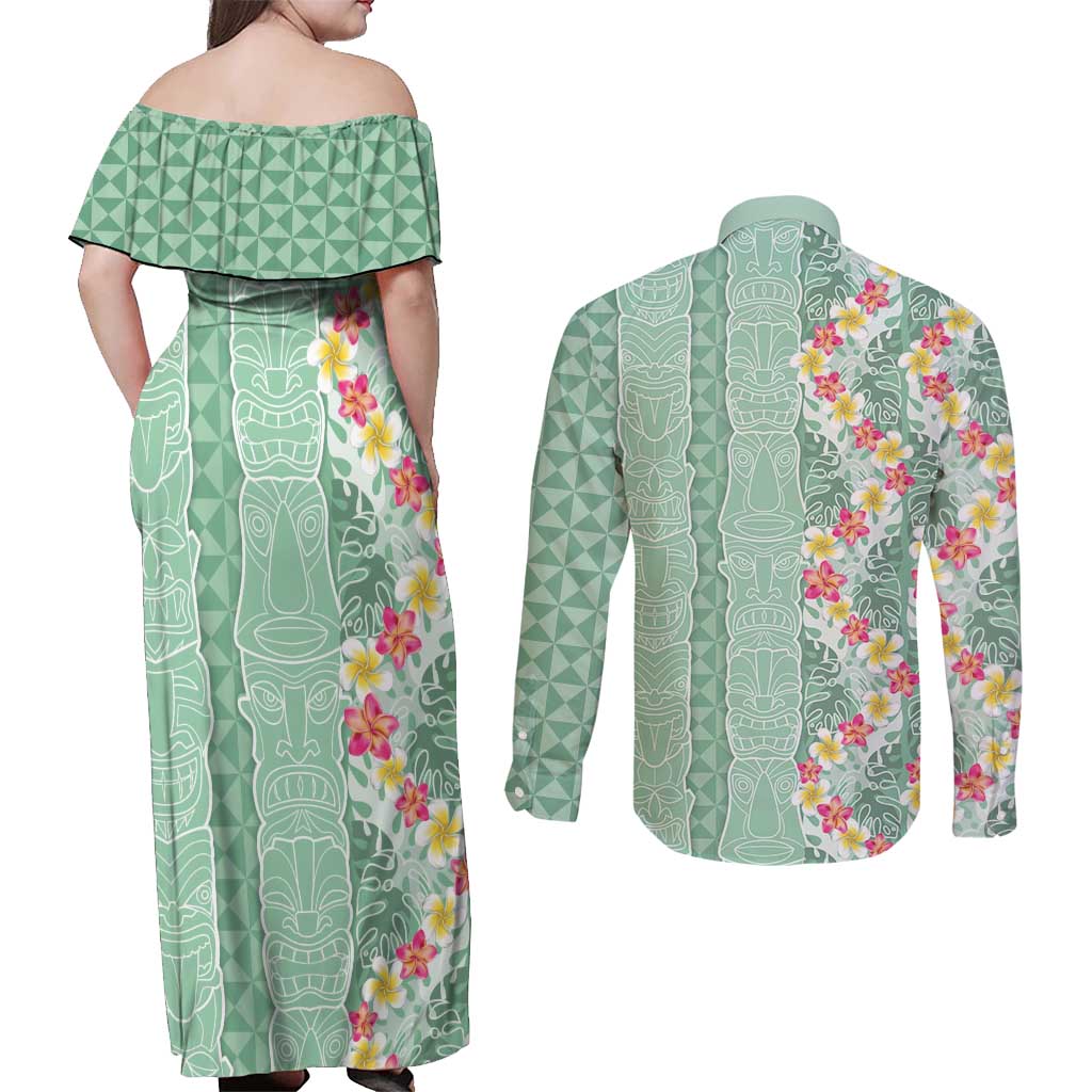 Menthol Green Aloha Hawaii Tiki Couples Matching Off Shoulder Maxi Dress and Long Sleeve Button Shirt Tropical Plumeria - Seamless Style