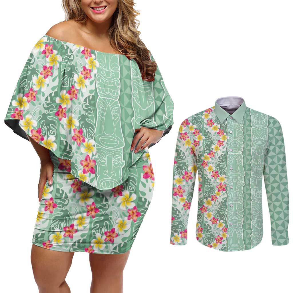 Menthol Green Aloha Hawaii Tiki Couples Matching Off Shoulder Short Dress and Long Sleeve Button Shirt Tropical Plumeria - Seamless Style