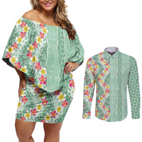 Menthol Green Aloha Hawaii Tiki Couples Matching Off Shoulder Short Dress and Long Sleeve Button Shirt Tropical Plumeria - Seamless Style