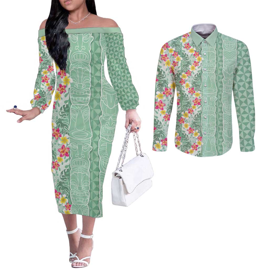Menthol Green Aloha Hawaii Tiki Couples Matching Off The Shoulder Long Sleeve Dress and Long Sleeve Button Shirt Tropical Plumeria - Seamless Style