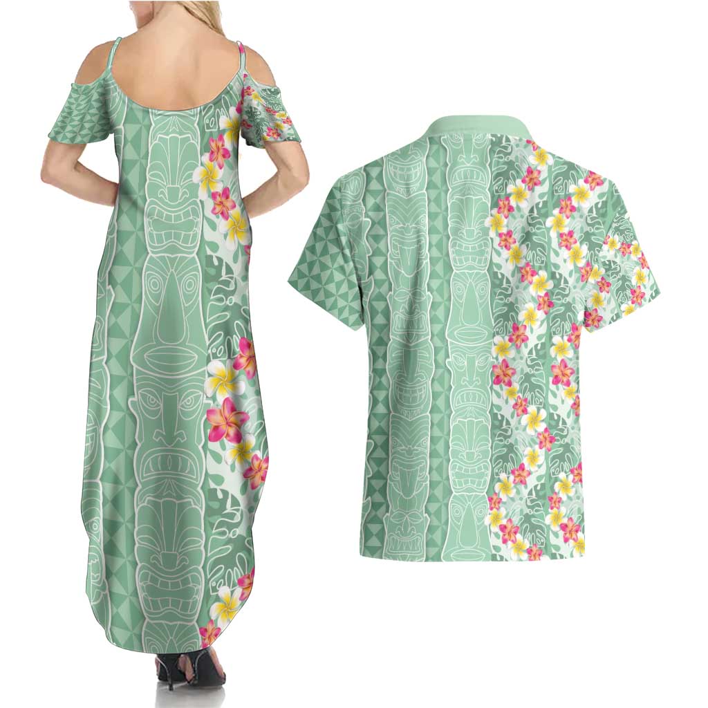 Menthol Green Aloha Hawaii Tiki Couples Matching Summer Maxi Dress and Hawaiian Shirt Tropical Plumeria - Seamless Style