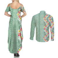 Menthol Green Aloha Hawaii Tiki Couples Matching Summer Maxi Dress and Long Sleeve Button Shirt Tropical Plumeria - Seamless Style