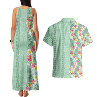 Menthol Green Aloha Hawaii Tiki Couples Matching Tank Maxi Dress and Hawaiian Shirt Tropical Plumeria - Seamless Style