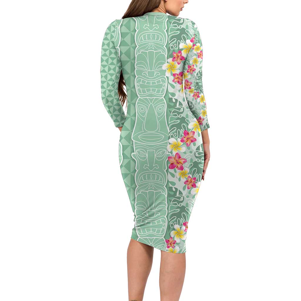 Menthol Green Aloha Hawaii Tiki Family Matching Long Sleeve Bodycon Dress and Hawaiian Shirt Tropical Plumeria - Seamless Style