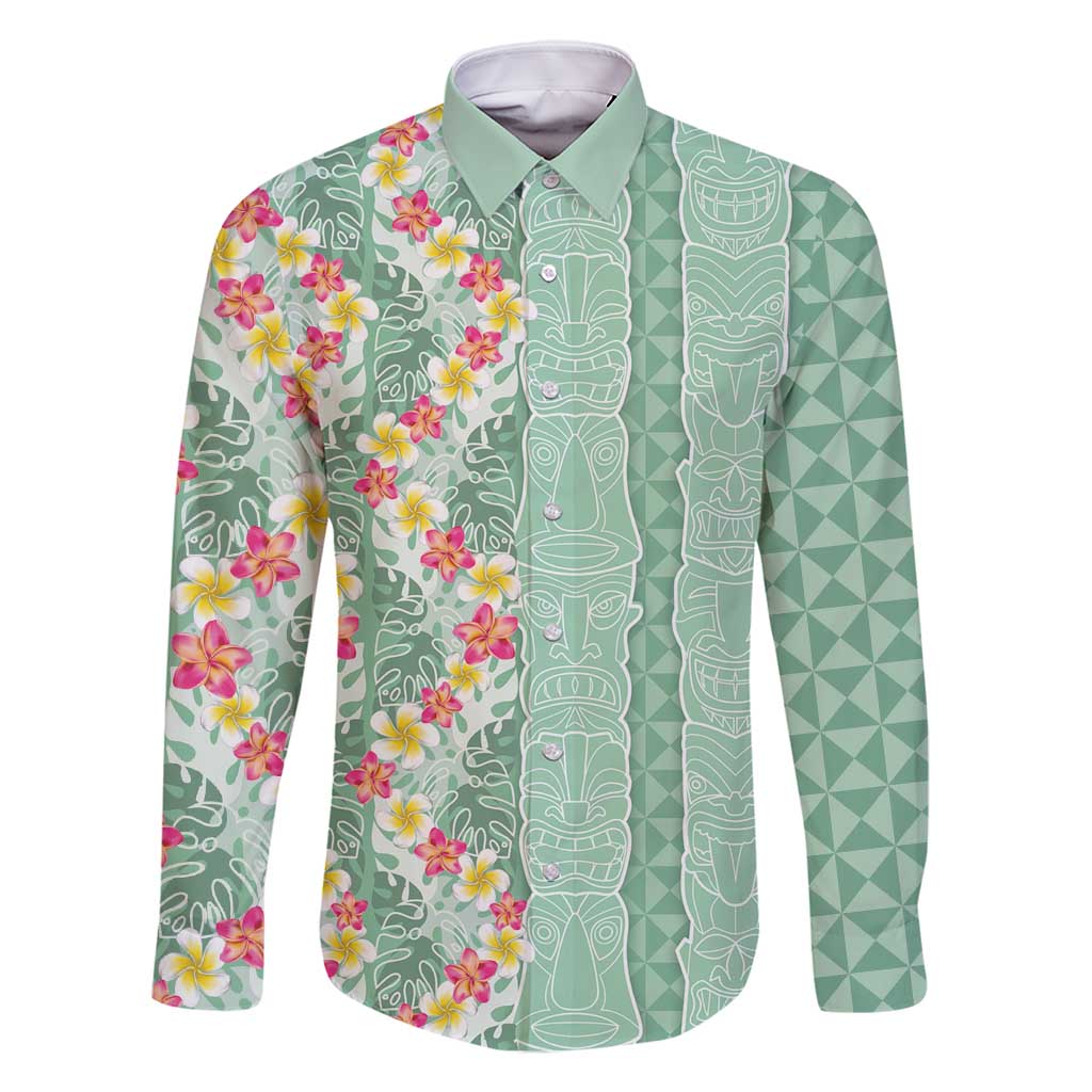 Menthol Green Aloha Hawaii Tiki Family Matching Mermaid Dress and Hawaiian Shirt Tropical Plumeria - Seamless Style LT14 Dad's Shirt - Long Sleeve Green - Polynesian Pride