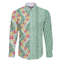 Menthol Green Aloha Hawaii Tiki Family Matching Mermaid Dress and Hawaiian Shirt Tropical Plumeria - Seamless Style LT14 Dad's Shirt - Long Sleeve Green - Polynesian Pride