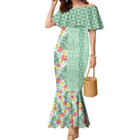 Menthol Green Aloha Hawaii Tiki Family Matching Mermaid Dress and Hawaiian Shirt Tropical Plumeria - Seamless Style LT14 Mom's Dress Green - Polynesian Pride