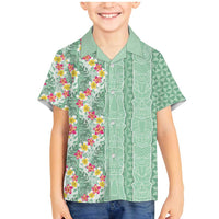 Menthol Green Aloha Hawaii Tiki Family Matching Mermaid Dress and Hawaiian Shirt Tropical Plumeria - Seamless Style LT14 Son's Shirt Green - Polynesian Pride