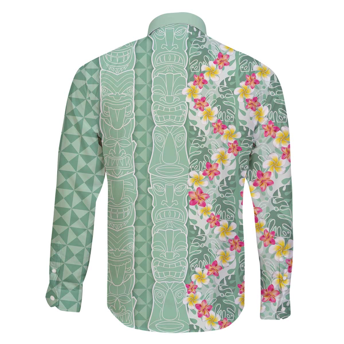 Menthol Green Aloha Hawaii Tiki Family Matching Off The Shoulder Long Sleeve Dress and Hawaiian Shirt Tropical Plumeria - Seamless Style