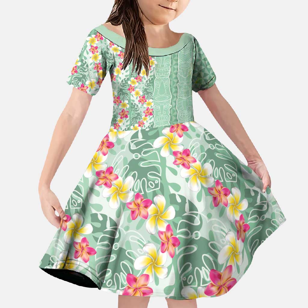 Menthol Green Aloha Hawaii Tiki Family Matching Tank Maxi Dress and Hawaiian Shirt Tropical Plumeria - Seamless Style LT14 Daughter's Dress Green - Polynesian Pride