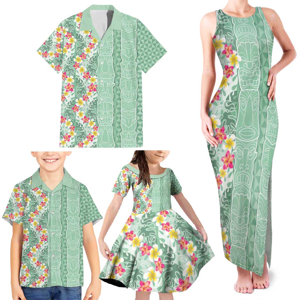 Menthol Green Aloha Hawaii Tiki Family Matching Tank Maxi Dress and Hawaiian Shirt Tropical Plumeria - Seamless Style