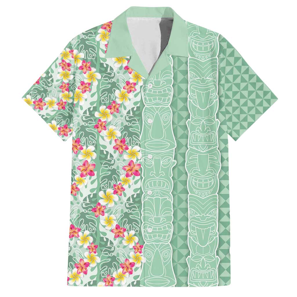 Menthol Green Aloha Hawaii Tiki Family Matching Tank Maxi Dress and Hawaiian Shirt Tropical Plumeria - Seamless Style LT14 Dad's Shirt - Short Sleeve Green - Polynesian Pride