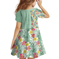 Menthol Green Aloha Hawaii Tiki Kid Short Sleeve Dress Tropical Plumeria - Seamless Style