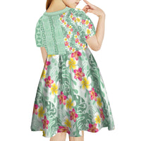 Menthol Green Aloha Hawaii Tiki Kid Short Sleeve Dress Tropical Plumeria - Seamless Style