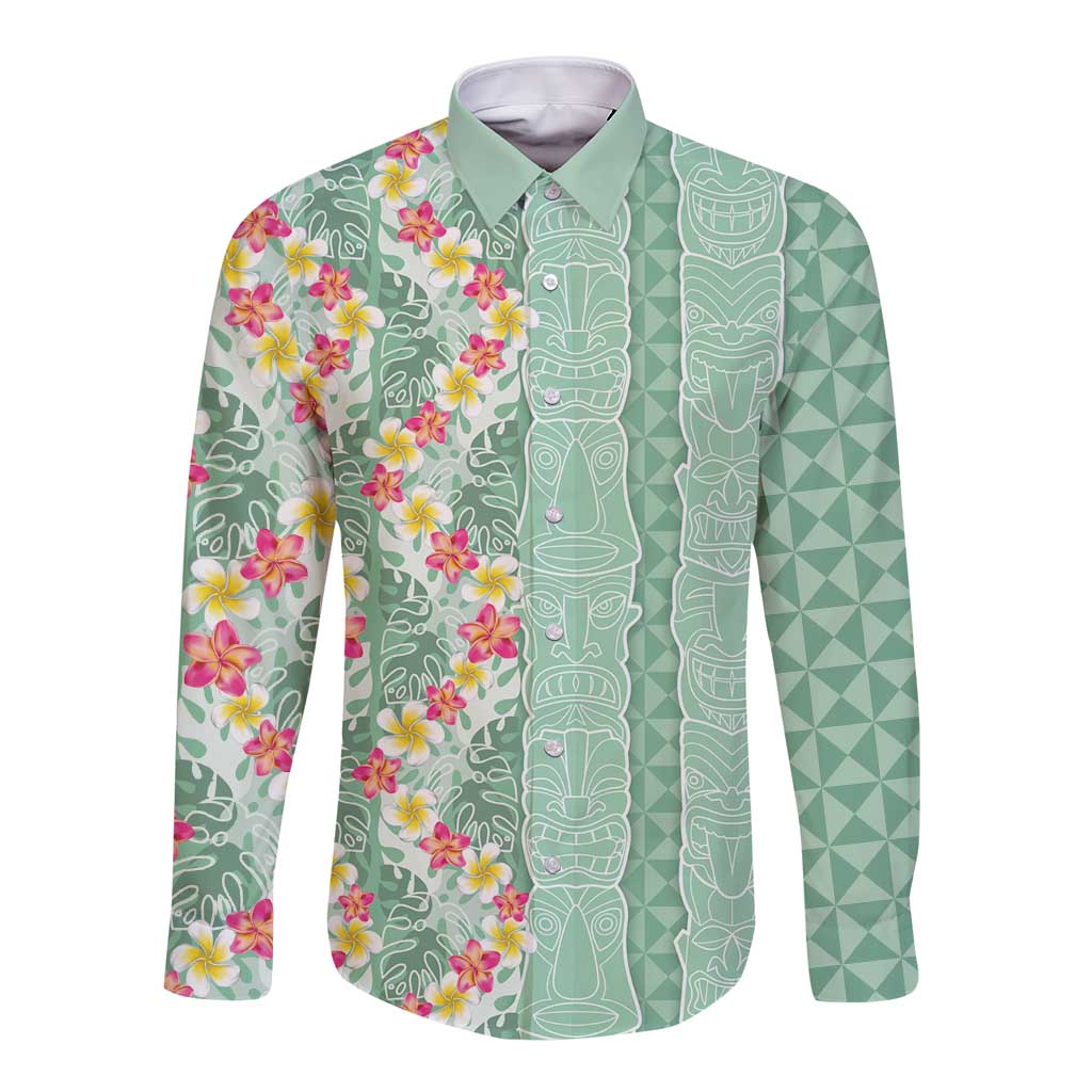 Menthol Green Aloha Hawaii Tiki Long Sleeve Button Shirt Tropical Plumeria - Seamless Style LT14 Unisex Green - Polynesian Pride