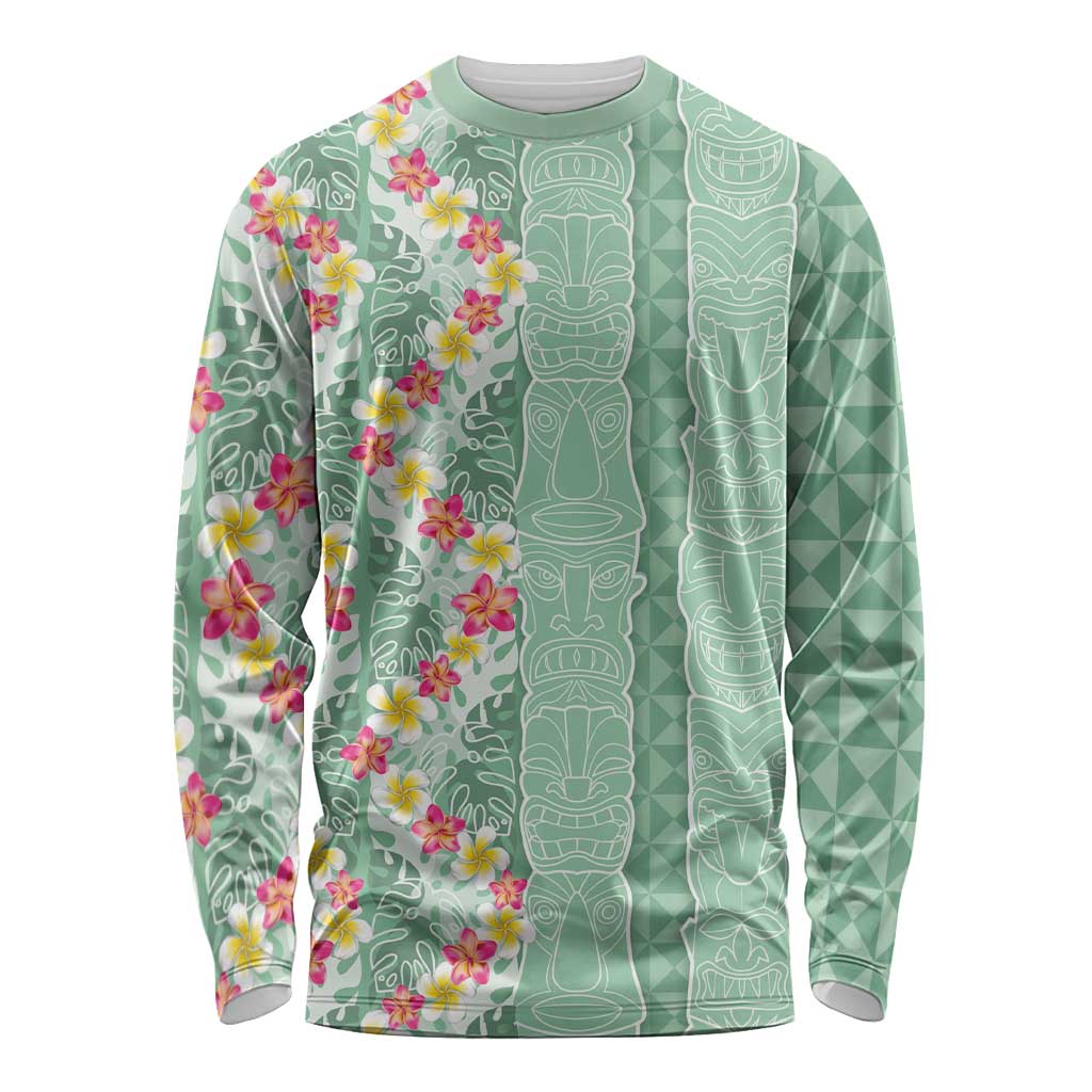 Menthol Green Aloha Hawaii Tiki Long Sleeve Shirt Tropical Plumeria - Seamless Style LT14 Unisex Green - Polynesian Pride