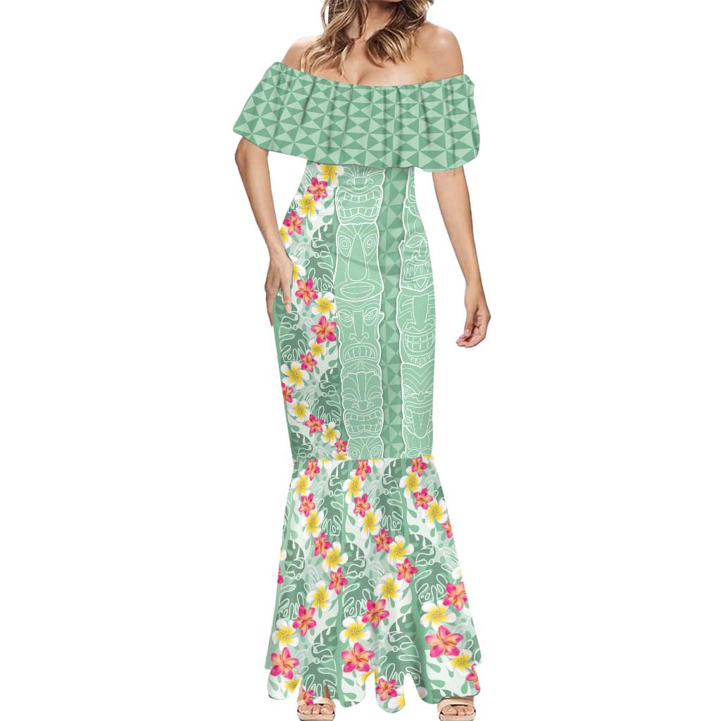 Menthol Green Aloha Hawaii Tiki Mermaid Dress Tropical Plumeria - Seamless Style