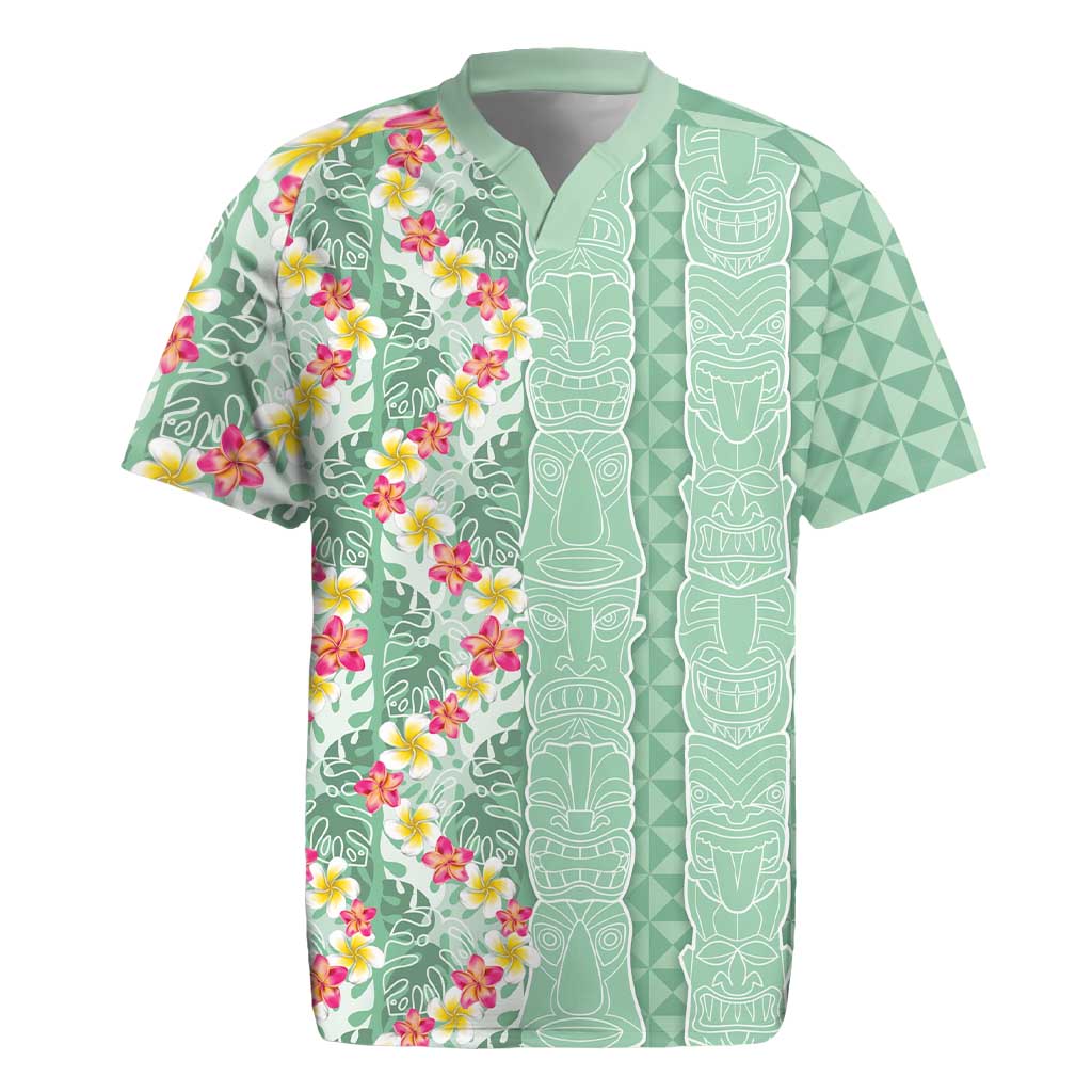 Menthol Green Aloha Hawaii Tiki Rugby Jersey Tropical Plumeria - Seamless Style